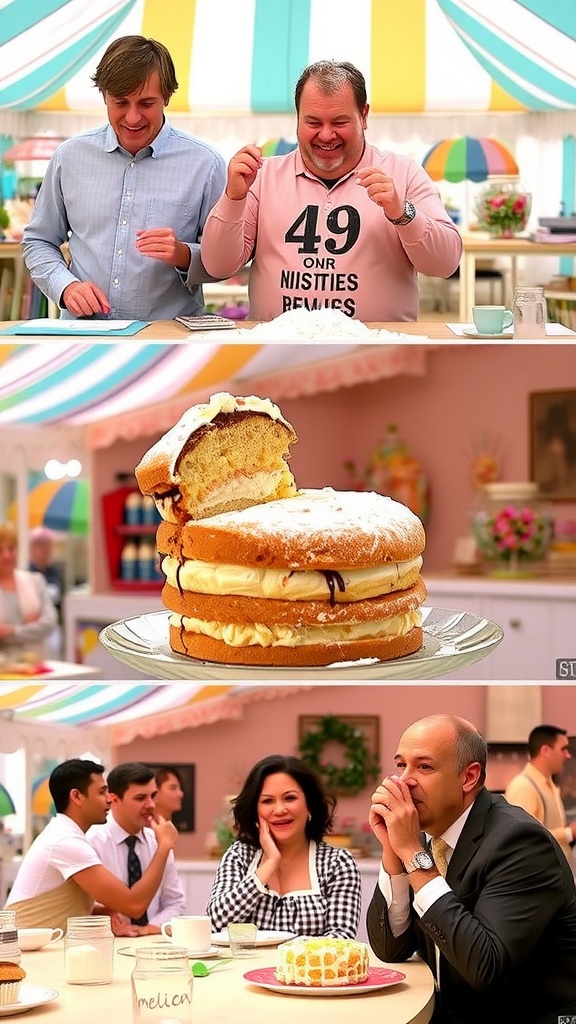 Funny moments from a baking contest showing contestants in comedic scenarios.